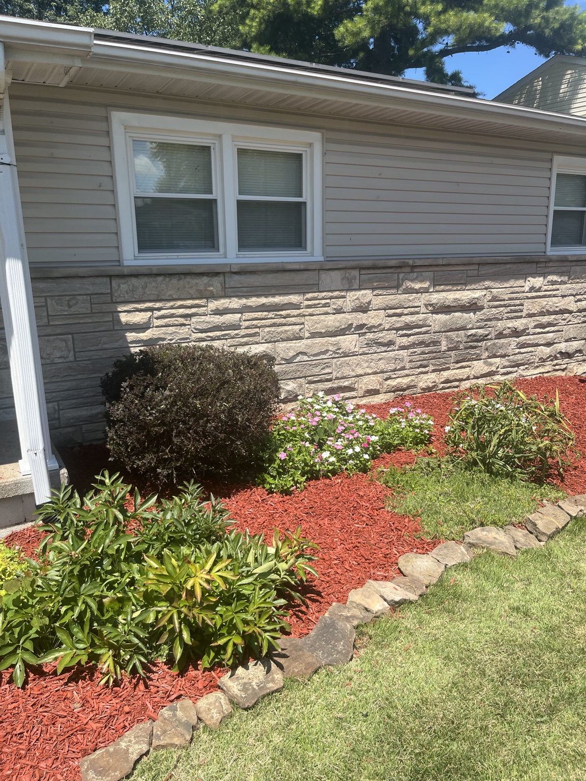 Landscape bed after fresh red mulch and edging